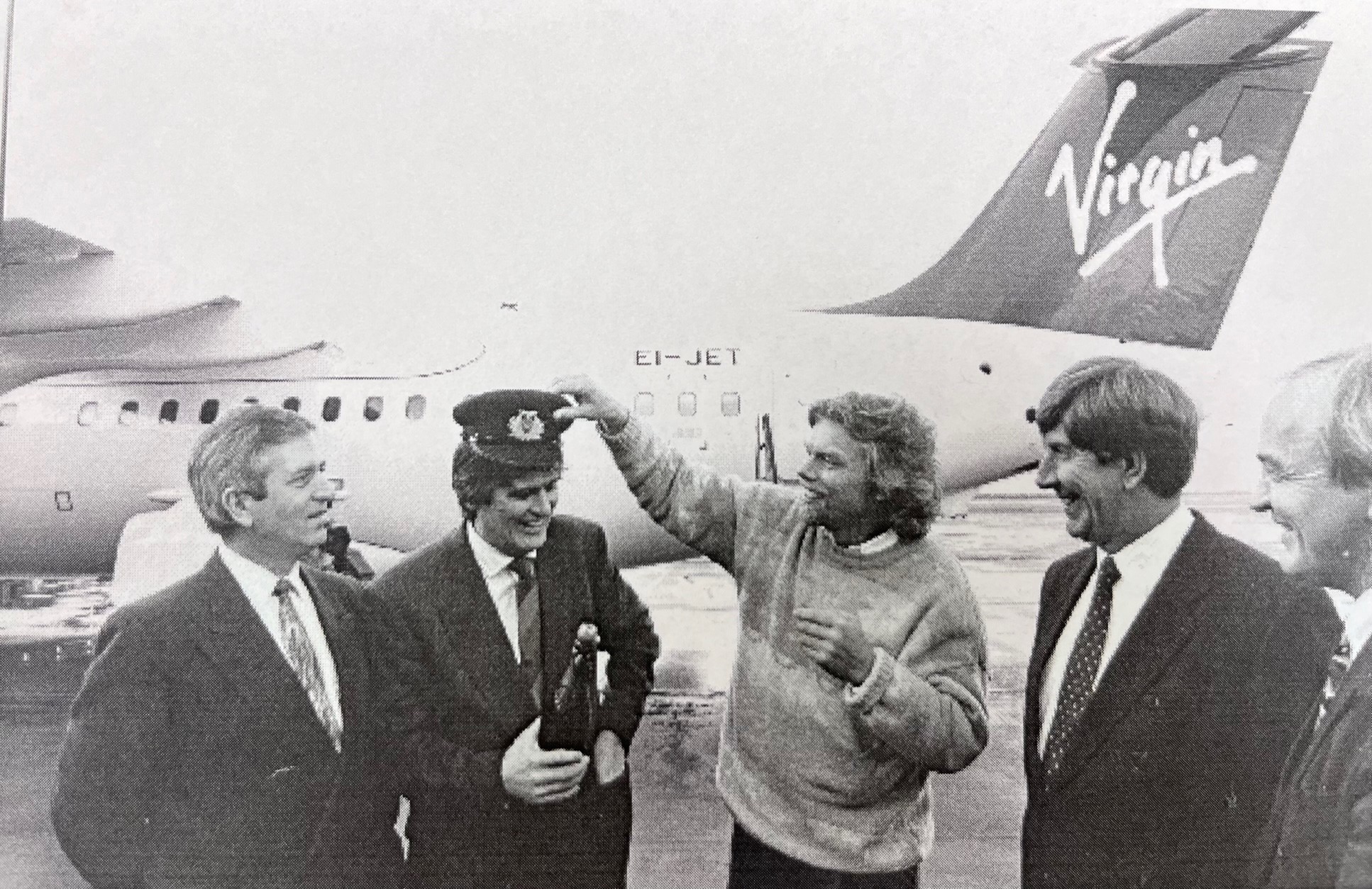 Pat Byrne and Richard Branson celebrating the first CityJet scheduled flight to London City on January 10th, 1994.